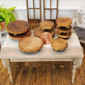 1:12 Dollhouse handcrafted rustic round wooden pedestal display stands. Beautiful miniature solid wood, stained circle riser platforms.