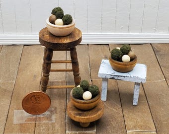 Dollhouse Moss Decor. Miniature Wooden Bowl with Moss and Wood Ball Decoration. 1:12 Scale
