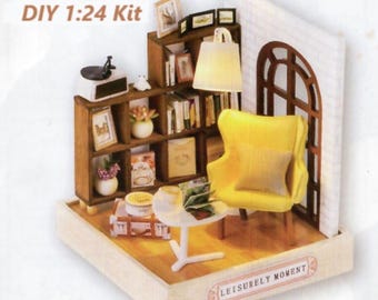 Miniature DIY Library Diorama Kit, Lighted Reading Corner, 1:24 Scale