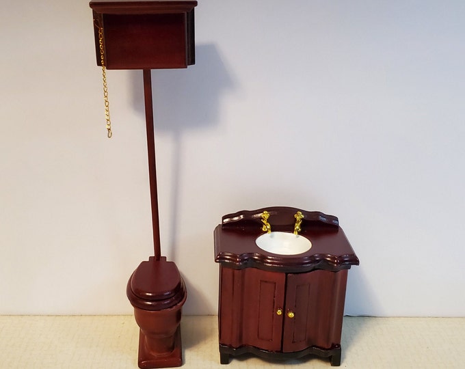Featured listing image: Old fashioned dollhouse mahogany high tank toilet or fancy sink, miniature Victorian bathroom vanity. Fine dollhouse bathroom furnishings.