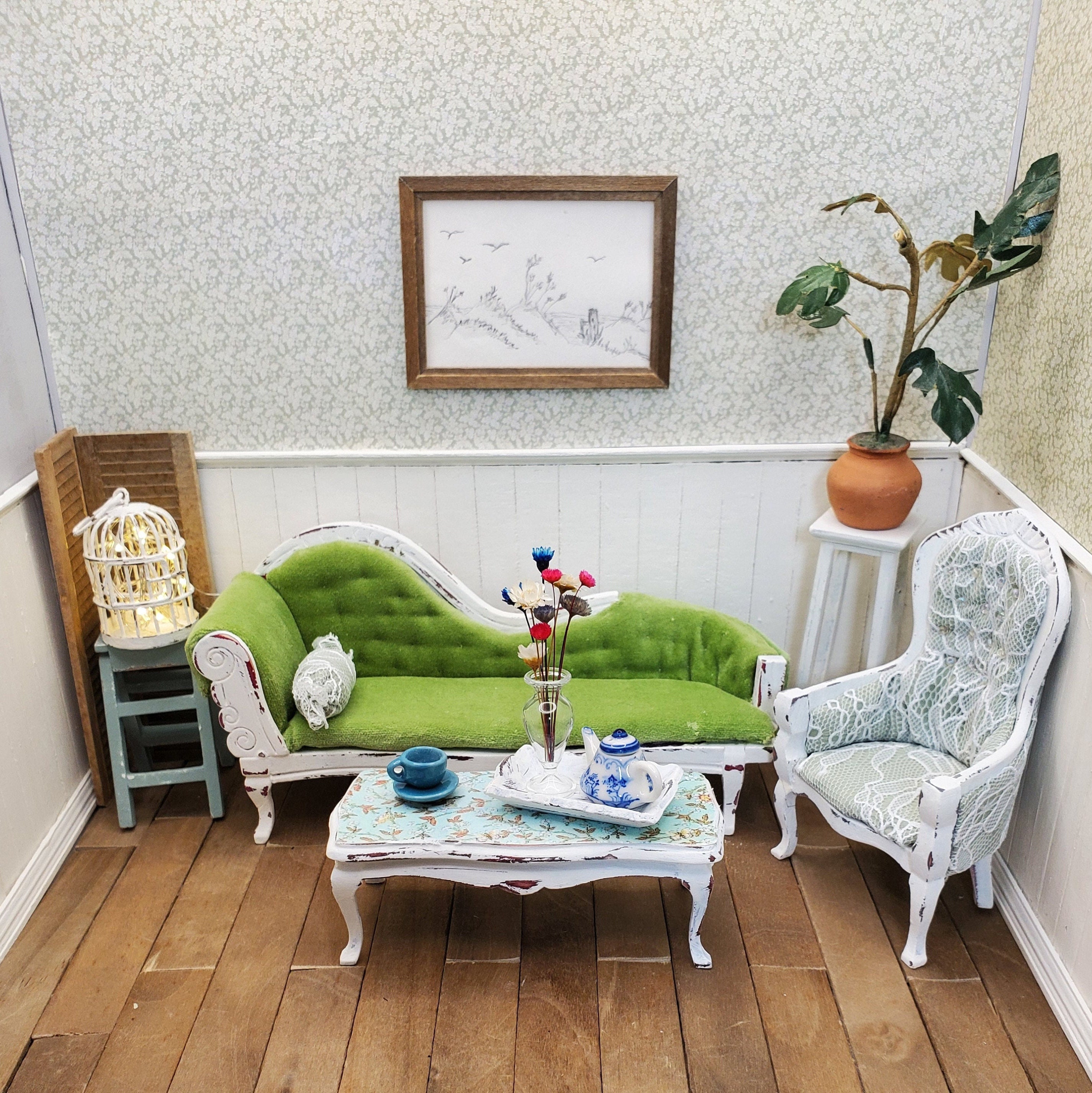 Artisan crafted 1/12 scale shabby chic Victorian fainting sofa, gentleman's chair or coffee table. Unique dollhouse collector pieces.
