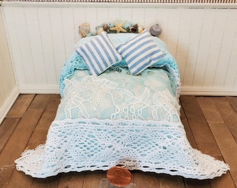 Dollhouse Artisan Fairy-tale Cottage Bed with Seashell Headboard and Custom-made Lace Bedding, Ocean Theme Miniature.