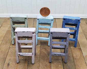 Miniature Hand Painted Rustic Farmhouse Dollhouse Wooden Stool. Choice of Colors.