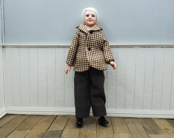 1:12 Scale Dollhouse Grandpa Doll, Porcelain Hands & Head, Poseable Miniature