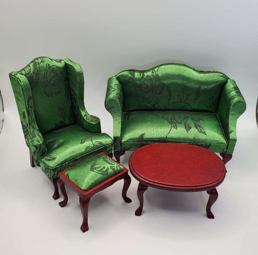 Dollhouse Miniature 4piece Queen Anne Living Room Set With Green Satin