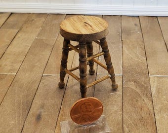 Dollhouse Miniature Stool, 1:12 Scale, Hand-Stained Rustic Wood