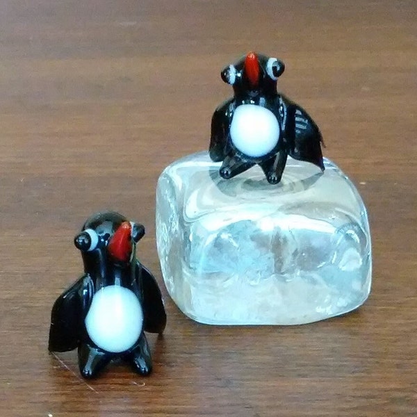 Miniature Glass Penguin Figurines - set of 2, lampwork glass penguins, glass animals in miniature for crafts