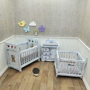 Dollhouse Handmade 1:12 Scale Nursery Set. Rustic White Linen Crib, Playpen, Changing Table