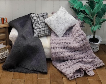 Miniature Dollhouse Throw Blanket, 1:12 Scale Neutral Designer Cottage Decor