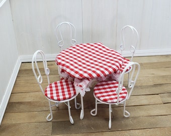 Dollhouse miniature ice cream parlor table and chair set. 1:12 scale nostalgic white metal table and chairs with red checked table cloth.