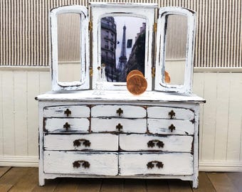 Dollhouse Miniature Dresser: Shabby Chic Refinished White Bureau with Hinged Mirror