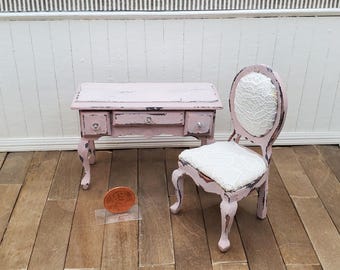 1:12 Scale Pink Shabby Chic Dollhouse Dressing Table with Chair, Handmade