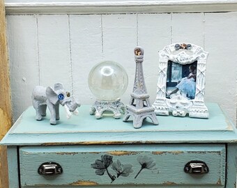1:12 Dollhouse handcrafted shabby chic decorations. Miniature interior decor for arrangements. Eiffel Tower, elephant, or gazing sphere.
