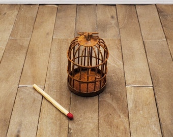 Rusty Metal Dollhouse Bird Cage: Miniature Rustic Fairy Garden Decor