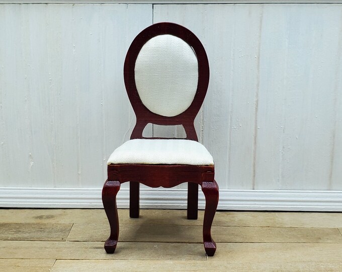 Featured listing image: Dollhouse mahogany side chair with ivory stripe padded seat and back, dollhouse chair with cabriole legs, fine mahogany miniature side chair