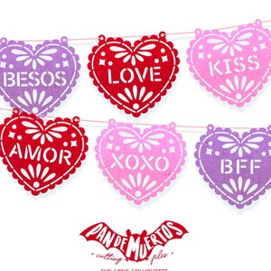 Mexicaanse Sweet Hearts SVG/PNG/SILHOUET mini Papel Picado slinger snijbestand voor Valentijnsdag 14 de Febrero liefde xoxo lasergesneden