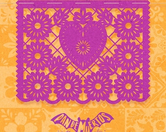 May include: Purple paper cut-out design with a heart in the center and a floral pattern. The text "Pan de Muertos cutting files" is below the design.  SVG / PNG / Silhouette.