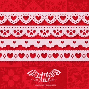 May include: Four white lace borders with heart cutouts on a red background. The borders are arranged in a stack, with the largest border at the top and the smallest border at the bottom. The text "Pan de Muertos cutting plus" is at the bottom of the image.