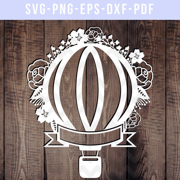 customizable air balloon svg cutting file, balloon floral cut files, papercut template, cricut dxf pdf, png, paper art wedding, flower eps