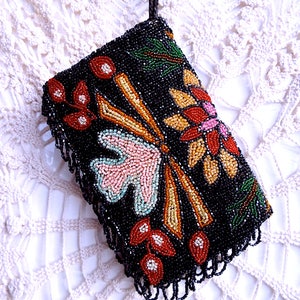 Vintage Beaded Purse, 1920&#39;s Deco Beaded Floral Fringed Wallet,Valentine Gift,Beaded Bag,Antique Beaded Purse,Victorian Beaded Purse