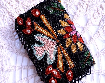 sac à main perlé vintage, 1920's Deco Beaded Floral Fringed Wallet,Valentine Gift, Beaded Bag,Antique Beaded Purse,Victorian Beaded Purse