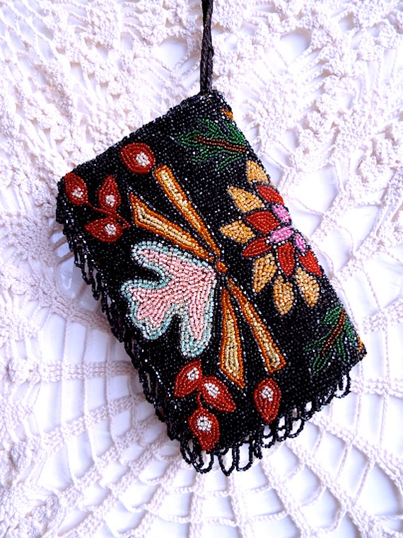 Vintage Beaded Purse, 1920's Deco Beaded Floral F… - image 1