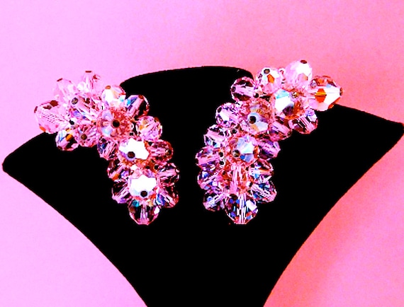 Pink Earrings,Vintage Crystal Bead Earrings,LAGUNA