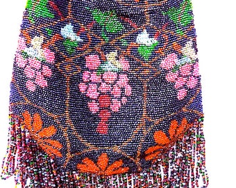 VintageBeaded Purse, Beaded Figural Purse /Handbag with Multicolor Loop Fringe, Victorian Beaded Bag, Antique Beaded Purse,Valentine Gift