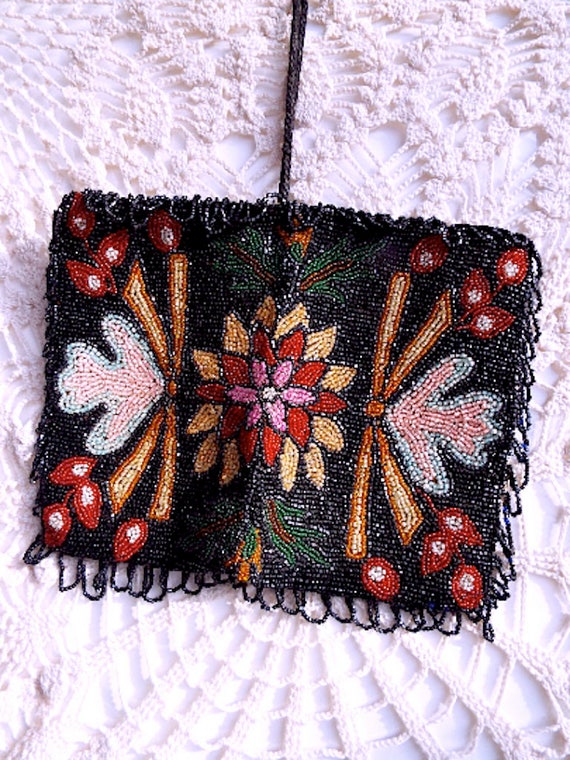 Vintage Beaded Purse, 1920's Deco Beaded Floral F… - image 9