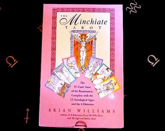 May include: A pink box with a gold border and the text "The Minchiate Tarot" in a decorative font. The box features an illustration of a woman with wings and a crown, surrounded by tarot cards. The text "The 97-Card Tarot of the Renaissance, Complete with the 12 Astrological Signs and the 4 Elements" is also included. The box is by Brian Williams, author of "A Renaissance Tarot, The PoMo Tarot, and The Light and Shadow Tarot."