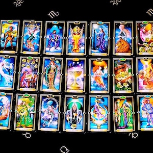 May include: A tarot card spread with 3 rows of 8 cards each. The cards are in a black and gold frame with colorful illustrations. The cards are arranged in a specific order, with the first card in the top left corner and the last card in the bottom right corner.