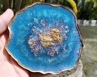 Geode Inspired Resin Coasters,  Shimmery Teal Blue with hints of lavendar with gold accents Geode Coaster, Custom Coaster, Set of 4
