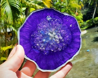 Geode Inspired Resin Coasters, Deep Purple with silver accents Geode Coaster, Custom Coaster, Set of 4