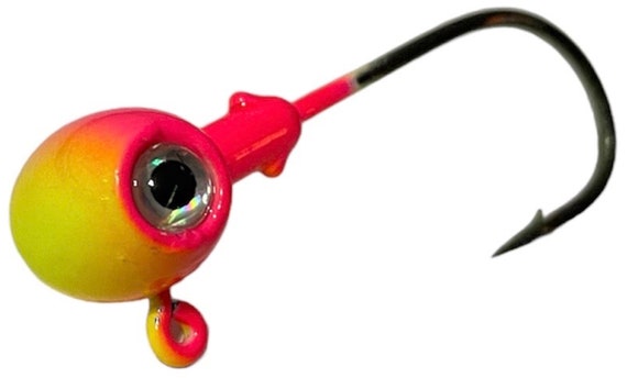 25 Pack Yellow and Pink 1/2 Ounce Football Jig Head With 3/0 Hook & 3D Eyes  Air Brushed Colors 