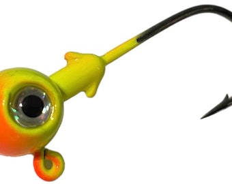25 Pack- Orange and Yellow 1/2 Ounce Football Jig Head With 3/0 Hook & 3D Eyes Air Brushed Colors
