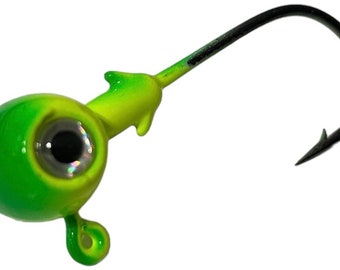 25 Pack- Green and Yellow 1/2 Ounce Football Jig Head With 3/0 Hook & 3D Eyes Air Brushed Colors