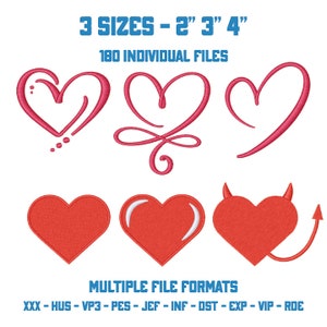 May include: A set of 180 embroidery designs featuring six different heart shapes in three sizes: 2 inches, 3 inches, and 4 inches. The designs are available in multiple file formats, including XXX, HUS, VP3, PES, JEF, INF, DST, EXP, VIP, and RDE.