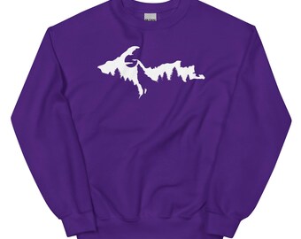 Sweatshirt Upper Peninsula Michigan - unieke paarse Yooper-stijl, gezellige kaart van Noord-Michigan, bossilhouet, perfect cadeau voor UP-liefhebbers
