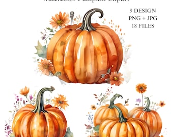 Paquete de imágenes prediseñadas de calabazas en acuarela, diseños florales otoñales (descarga digital)