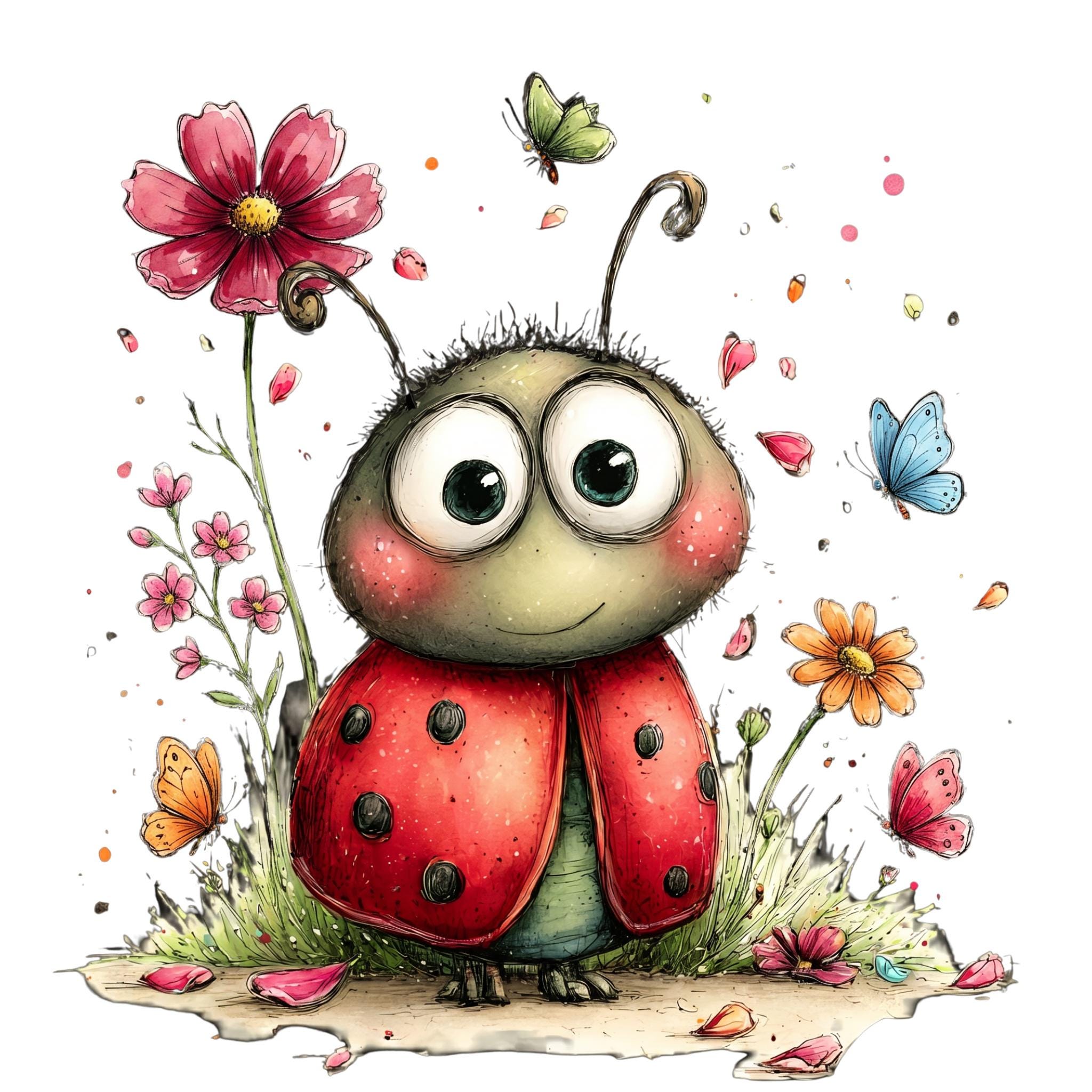 Watercolor Ladybug Clipart Bundle, Kawaii Insect, Spring Flowers PNG ...
