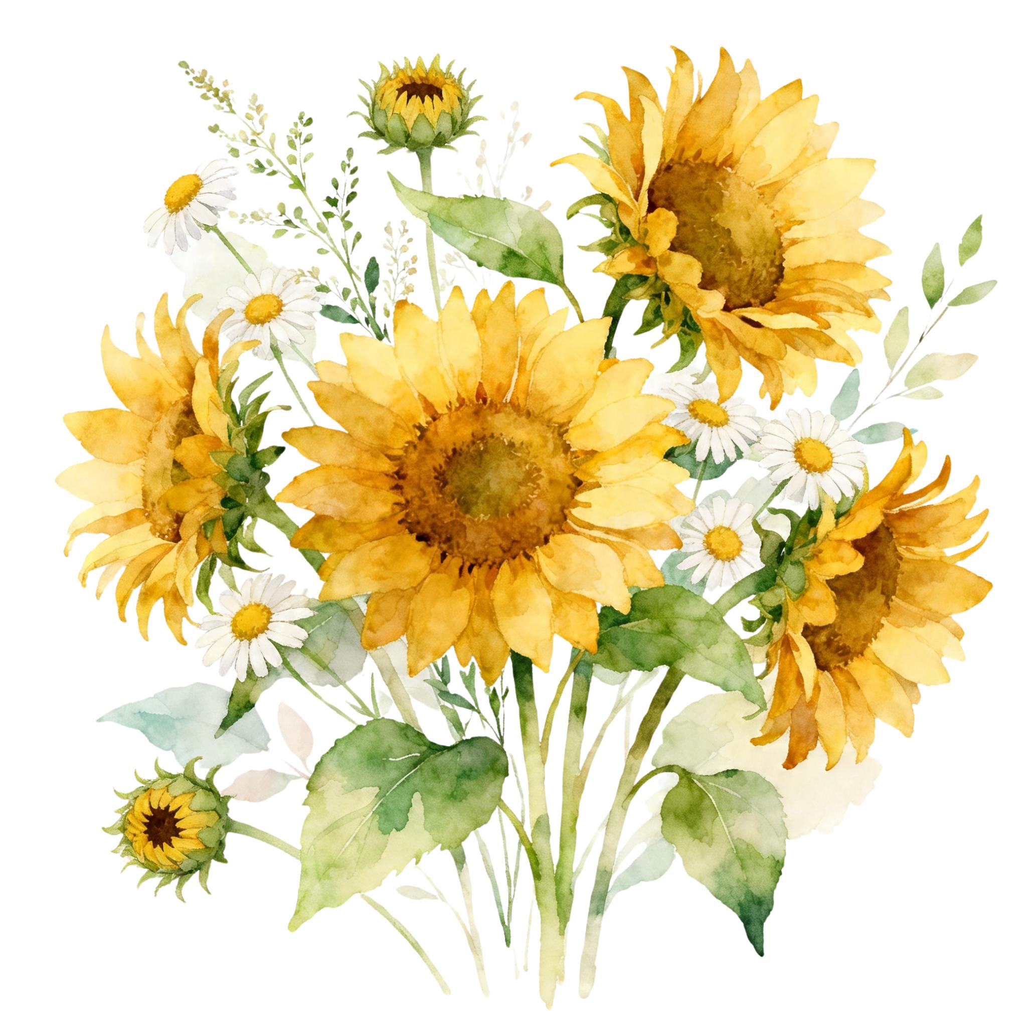 9 Sunflower Clipart PNG Bundle, Watercolor Floral Bouquet, Rustic ...