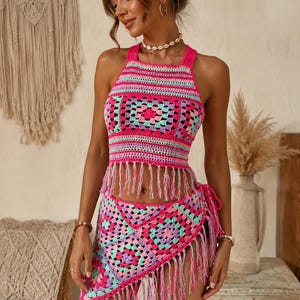 Granny Square Boho Crochet Top Pattern PDF, Made to Measure, Festival Top, US & UK Terms, Hip Scarf Included, Boho Granny Square Crochet Top