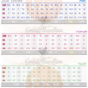May include: Size guide chart for shoes with European, UK, US, and centimeter measurements. The chart is divided into three sections: Men, Women, and Youth. Each section lists shoe sizes in the four measurement systems.