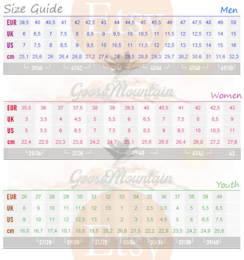 May include: Size guide chart for shoes with European, UK, US, and centimeter measurements. The chart is divided into three sections: Men, Women, and Youth. Each section lists shoe sizes in the four measurement systems.