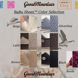 May include: A selection of crocheted slippers in various colors, including beige, silverblue, latte, smoky, brown, black, and bordo. The slippers are made by Goose Mountain and are available for purchase on Etsy.