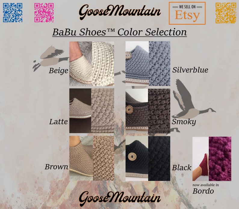 May include: A selection of crocheted slippers in various colors, including beige, silverblue, latte, smoky, brown, black, and bordo. The slippers are made by Goose Mountain and are available for purchase on Etsy.