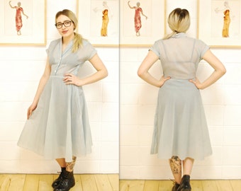 1950's/60's Pale Blue Sheer Crepe Fit and Flare Party Dress / Prom Dress / Cocktail Dress / Rare Collectible Retro