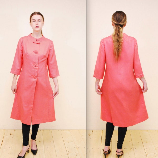 1950's/60's Coral Spring Coat with Bow  and Big Buttons / Swing Coat / Trapeze Coat / Mad Men / Rare Collectable Retro / bjr