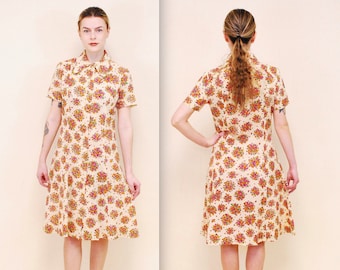 1960's/70's Tan Floral Hippie Dress / Summer Dress / Sun Dress / Peasant Dress / Rare Collectable Retro bjr
