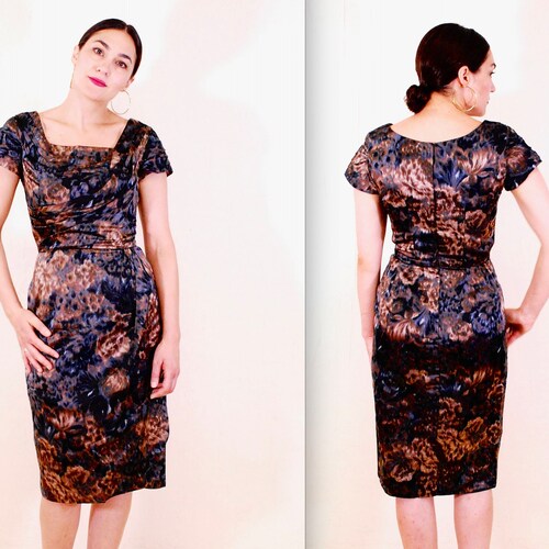 1960's Grey and Brown Pure shops Silk Wiggle Dress / Cocktail Dress / Party Dress / Mad Men / Rare Collectible Retro / bjr